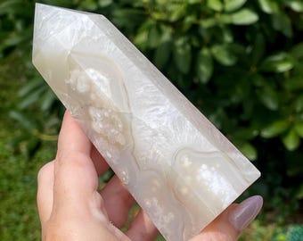 White Carnelian Flower Agate XLarge Tower: Unique Agate Crystal Point with Quartz (481)