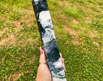 Moss Agate Stunning Statement Tower 12.7 inches , Blue Moss Agate XXL Point, Black Druzy Agate Big Tower