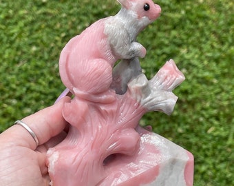 Pink Opal Mouse on a tree Branch Large Carving - No.83