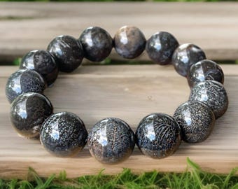 Black Coral Jade Fossil Large Bead bracelet | Chrysanthemum Coral Bracelets