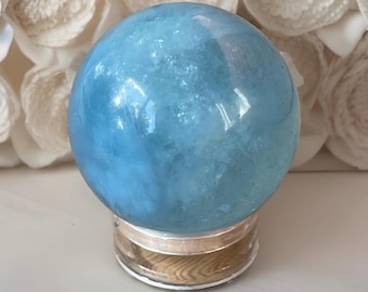 Aquamarine Sphere with a Chatoyant Confetti flash, Gemmy Blue aquamarine ball, AAA Grade Aquamarine