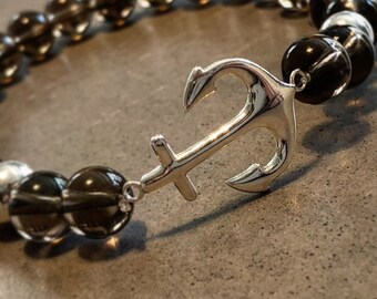 Sterling Silver Anchor Smokey Quartz Beaded Stretch Bracelet