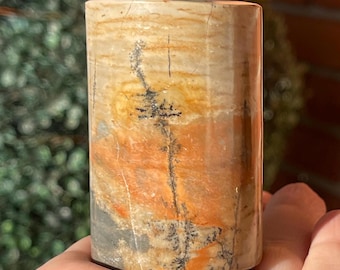 Picture Jasper Cylinder: Dendritic Scenic Carving, natural Stone House Decor (368)