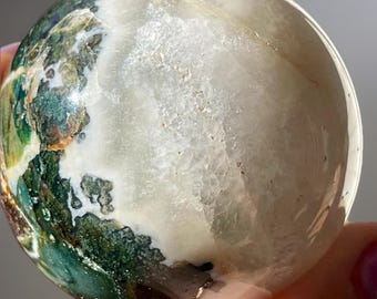 Moss Agate XL Sphere with Rainbow Calcite Inclusion • Beautiful Large Green & White Agate Sphere