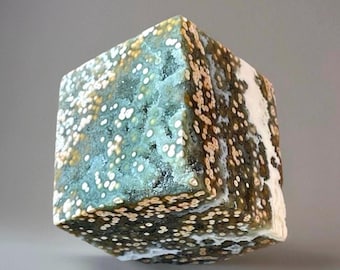 Orbicular Ocean Jasper Cube - Natural Floating Druzy Specimen Carving - Rare Collector's Mineral