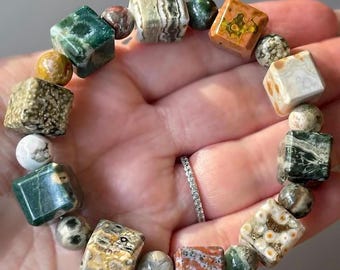 8th Vein Ocean Jasper Large Cube Bead Bracelet - No.69