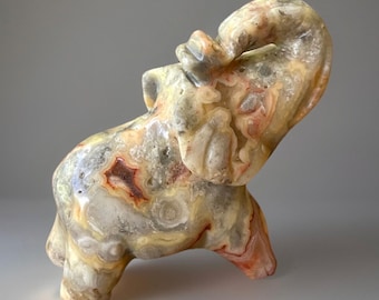 Crazy Lace Agate Elephant, Pink Agate Animal carving, Unique Crystal gifts & home decor