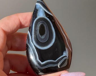 Black Agate Polished Drop - No. 79, Unique Quality Crystals, Black and White Crystal Flame