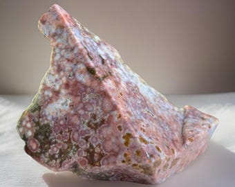 Ocean Jasper Freeform with a Botryoidal Pocket, Madagascar Pink Ocean Jasper with Green Orbs, Orbicular OJ Specimen