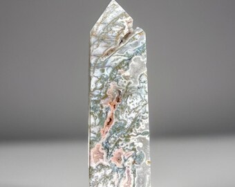Pink Moss Agate Tower with Rainbow Quartz & Sugar Druzy – Statement Crystal Point | Unique Polished Agate Display | Collector Crystal Gift