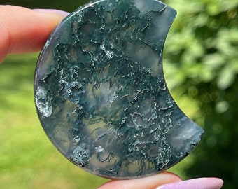 Moss Agate Moon Flat Palm Carving - #60