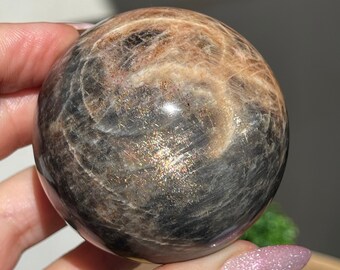 Rainbow Lattice Sunstone Sphere, AAA Grade Crystal Gifts, Rare Crystals, Confetti Black sunstone - #57