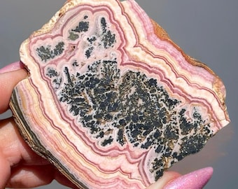 Rhodochrosite XL Slab, Pink & Black Rhodochrosite Slice, Unique Natural Pink Crystal