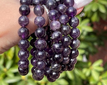 Amethyst Beaded Bracelet - 10mm Beads, Natural Deep Purple Grape Color Crystal Beads, Layering Gemstone Jewelry