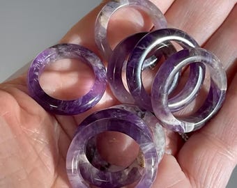 Amethyst Crystal Ring, Natural Gemstone Circle Pendant, Unique Crystal Sphere Holder Stand carved from Dream Amethyst