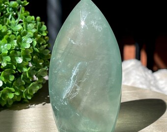Green Fluorite Crystal Drop, Natural Polished Crystal Flame, Unique Crystal Home Decor