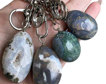 Moss Agate Keychains - Natural Crystal Bag Charm