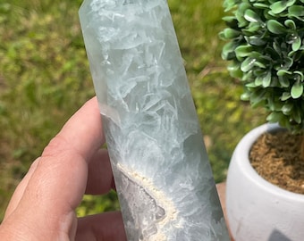 Light Blue Fluorite Tower with Druzy | Green, Blue, Teal XL Fluorite Point with feathers | AAA Crystals, Home decor