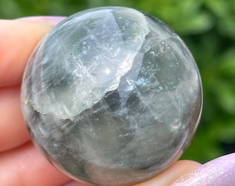 Grey Moonstone Sphere with Silver Rainbow Confetti and Blue Flash, Rare Crystals AAA Grade Collectible Gems