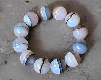 Blue Chalcedony & Botswana Agate 19MM Large Beads Bracelet, HQ Rare Collectors Edition Handmade Jewelry Gift