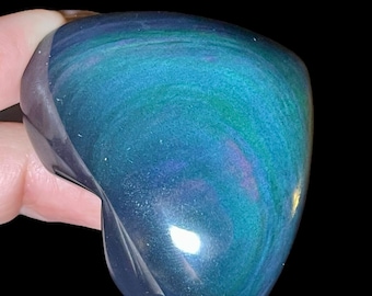 Blue Velvet Obsidian Heart Crystal , Beautiful Blue Green Flashy Obsidian