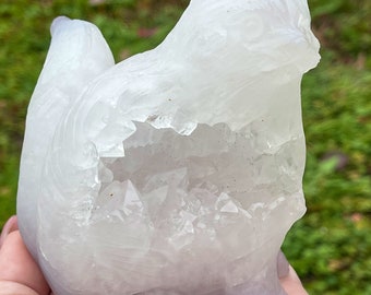 Agate Cluster XL Cat Crystal Carving, White Pink Agate Cat Druzy Agate Animal Sculpture 1.6 Pounds