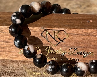 Black Flower Agate Bracelet - Stretch 8mm beads, Rare Agate Crystal Beads, Unique Handmade Jewelry Gift