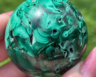 Malachite Sphere with Soft Blue Sparkly Druzy Cave, Natural Flower Malachite Crystal Ball