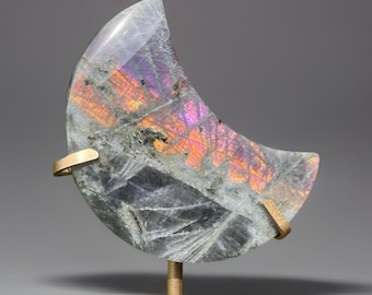 Labradorite Statement Moon on a Stand • Purple Pink Sunset Flash Labradorite Crescent Moon • Celestial Home Decor