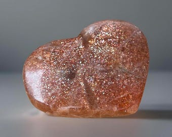 Arusha Sunstone Large Heart with Confetti Flash on all sides, AAA Grade Natural Crystal Gifts, Pink Confetti Golden Sunstone & Smokey Quartz