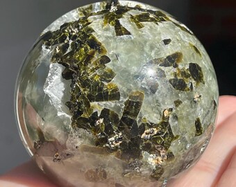 Prehnite Sphere with Green & Black Tourmaline and Rutile Inclusions (418), Collectors Natural Crystal ball