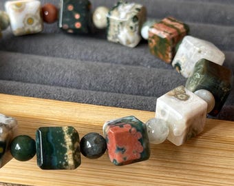 8th Vein Ocean Jasper Cube Beaded Bracelet, Orbicular Ocean Jasper old stock collectors edition Colorful 10mm & 6mm beads, #31