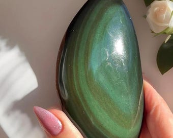 Emerald Green Rainbow Obsidian XL Palmstone – Rare Asymmetrical Crystal for Grounding & Meditation