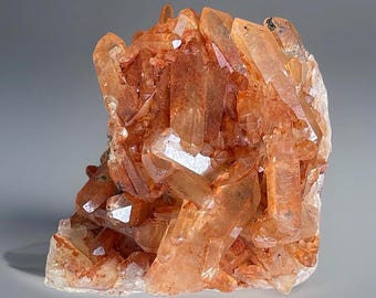 Tangerine Quartz Crystal Points Large Cluster, Natural Quartz points with Hematite coating, Orange Hematoid, Brazilian Quartz Specimen