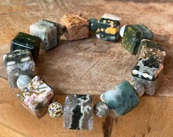 8th Vein Ocean Jasper Large Cube Bead Bracelet - No.38
