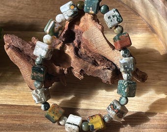 8th Vein Ocean Jasper Cube Beaded Bracelet, Orbicular Ocean Jasper old stock collectors edition Colorful 9mm & 5mm beads, #31