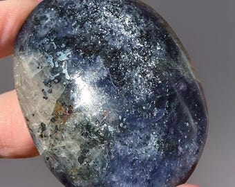 Iolite & Hematite Palmstone with Pink Silver Confetti, Rare Find Water Sapphire polished rock
