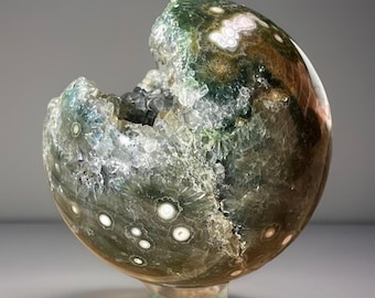 7th Vein Ocean Jasper Sphere with Pink Bubbles and Green Quartz Open Flower Quartz Clusters