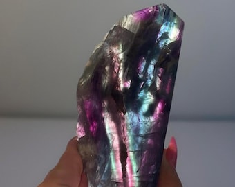 Rainbow Fluorite tower with Pyrite and raw edge, Large Purple & Blue Crystal, Natural Unique Fluorite