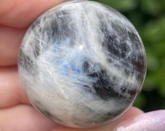 Grey Moonstone Sphere with Silver Confetti and Deep Blue Flash, Rare Crystal Ball, Collectible Gems (409)