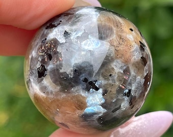 Rainbow Black Moonstone with Red Arusha Sunstone Mica & Confetti Flash Crystal Sphere
