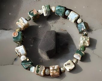 8th Vein Ocean Jasper Cube Beaded Bracelet, Orbicular Ocean Jasper old stock collectors edition Colorful beads, AAA Grade Crystals, #4