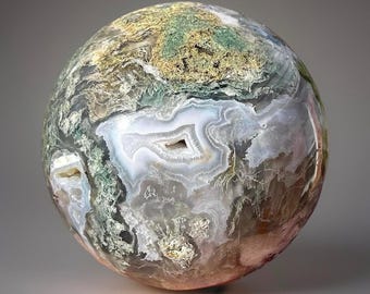Plume Moss Agate Statement Sphere with Druzy and Quartz