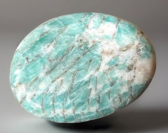 Amazonite Flat Palmstone: Ocean Blue Amazonite and Smoky Quartz Crystal Medallion (486)