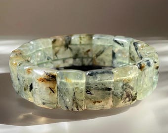 Prehnite Beaded Soft Bangle Bracelet - 16mm Beads, Natural Green Tourmaline Prehnite Bracelet, Gemstone Jewelry