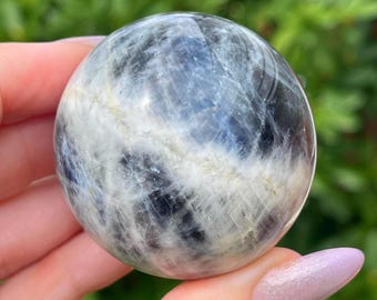 Grey Moonstone XL Sphere with Silver Confetti and Deep Blue Flash, Rare Crystal Ball, Collectible Gems (414)