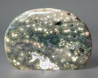 7th Vein Ocean Jasper Big Freeform with Pink Orbs Bubbles and Green Rainbow Quartz, Druzy Ocean Orbicular Jasper Rounded Flame