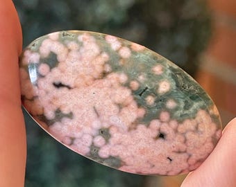 Veinless Orbicular Ocean Jasper Flat Back - Cabochon Gemstone Oval Shape Mini Palmstone Pink & Green Colors