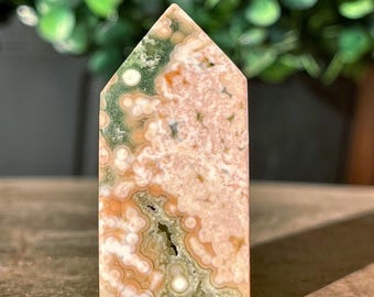 8th Vein Ocean Jasper Mini Tower with Pink Orange Bubbles and Green Quartz Flowers, Druzy Ocean Orbicular Jasper Point, Madagascar Jasper