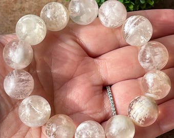 Snowflake Rose Quartz with Cats Eye Flash HQ Beaded bracelet collectors edition